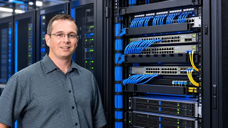 PCCI technician beside a neatly cabled network rack