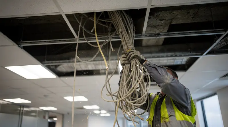 Technician removing old abandoned cable from an office ceiling