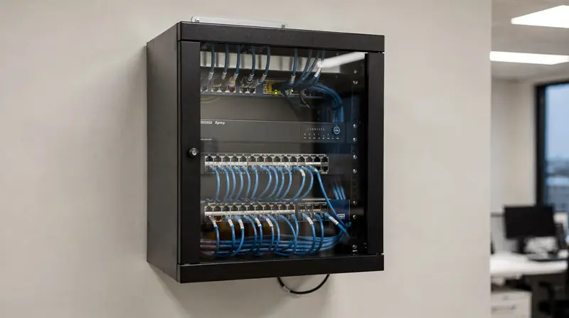 Wall-mount network cabinet with switch and patch panel