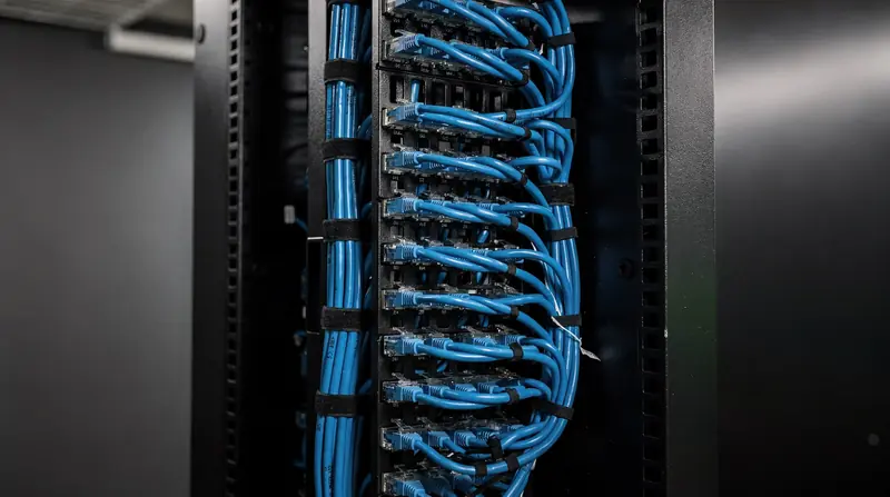 Patch cables neatly routed through a vertical cable manager