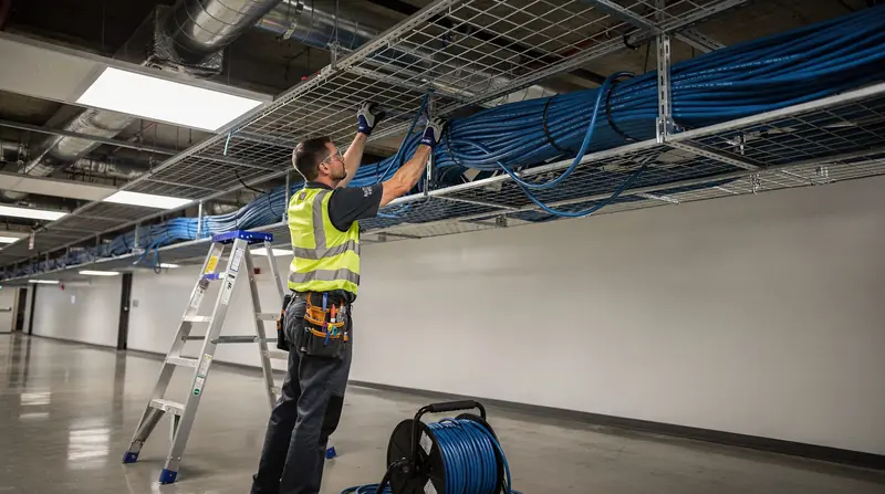 Technician pulling network cable through a ceiling cable tray