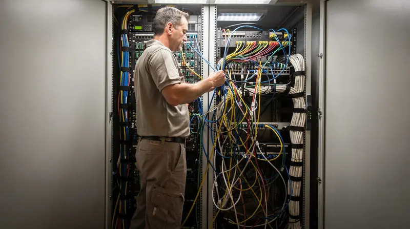 Technician organizing tangled patch cables in a data closet