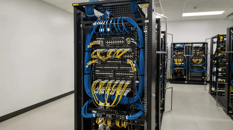 Neatly organized network rack with bundled blue cables