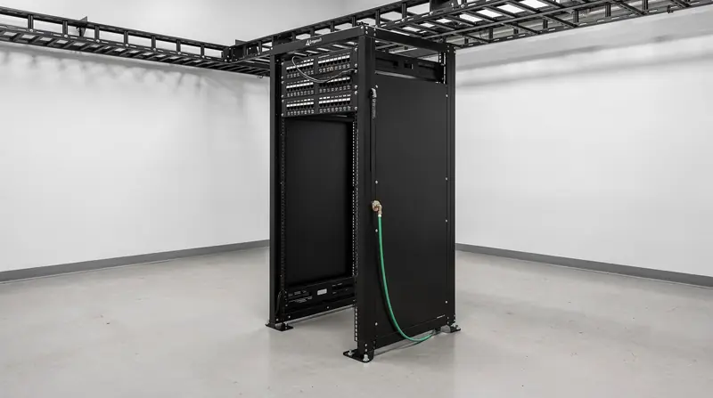 New two-post relay rack installed in a telecom room