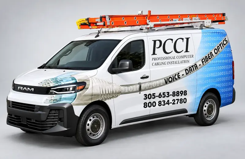 PCCI service van with ladder rack and Voice - Data - Fiber Optics wrap